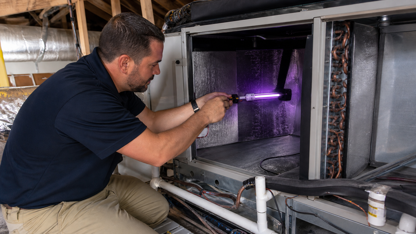 Technician installing a UV air purification light